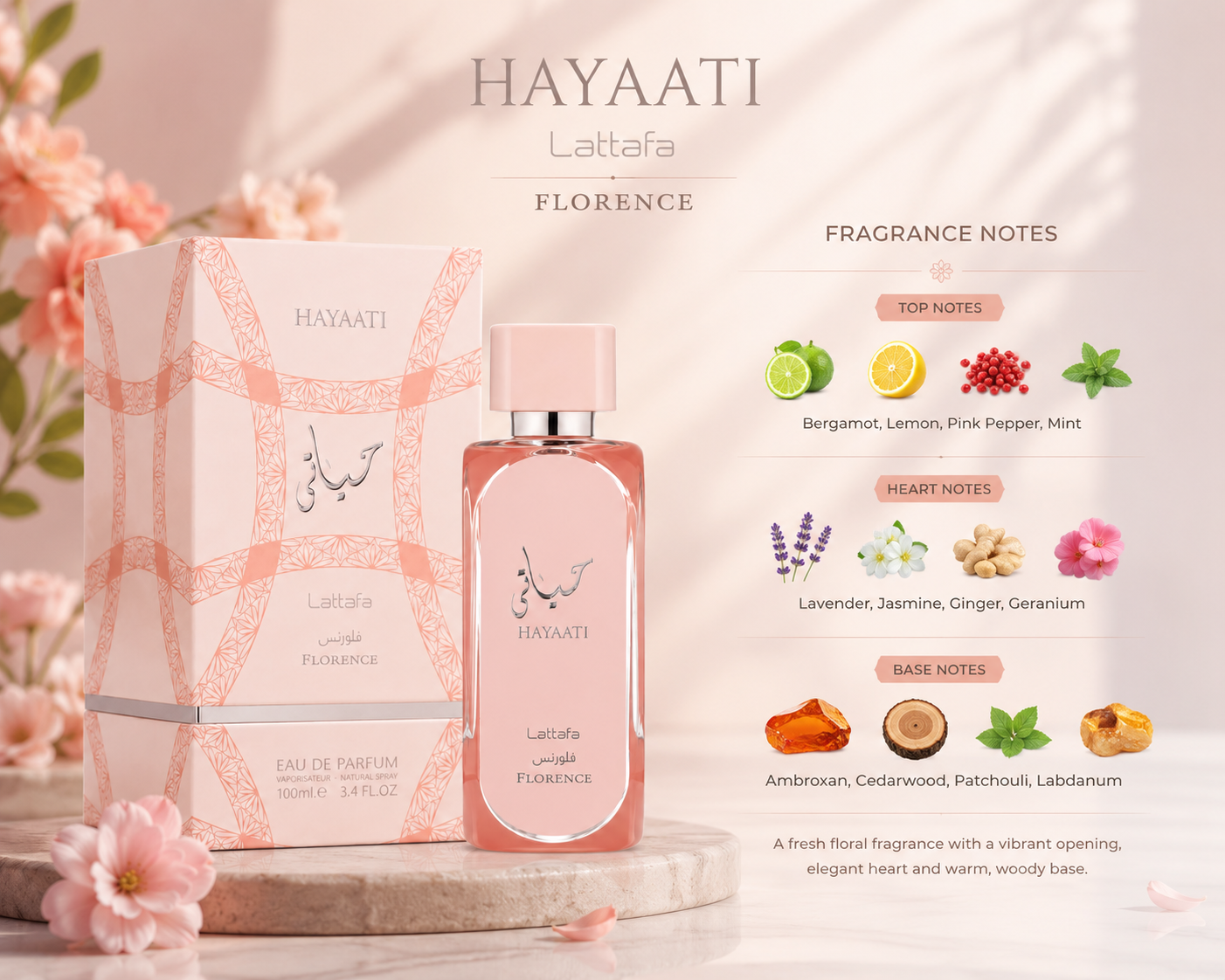 Lattafa Hayaati Florence Perfume Spray, 100 mL (3.4 fl oz)