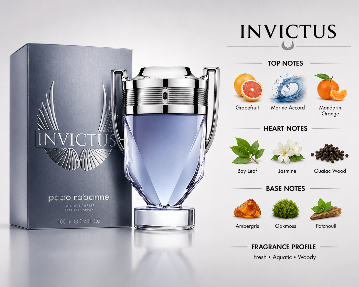Rabanne Invictus Eau de Toilette - Long Lasting Woody Aquatic Cologne for Men with Marine, Grapefruit & Guaiac Wood - Trophy Bottle French Fragrance Spray from Paris
