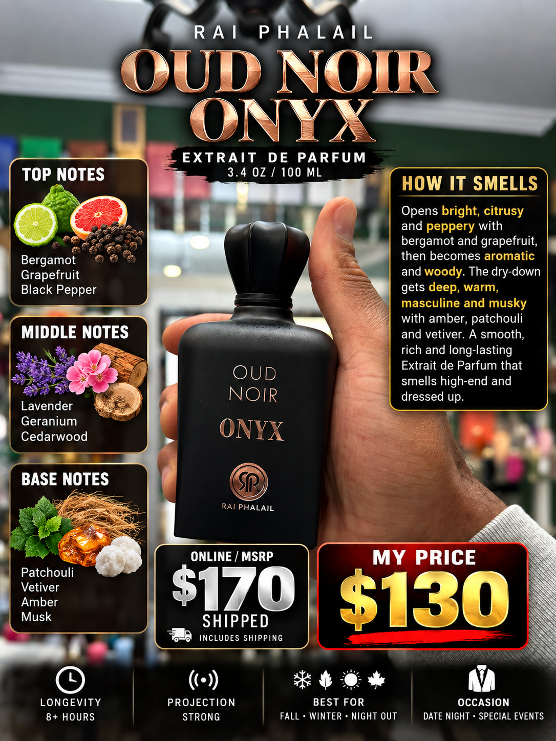 Oud Noir Onyx By Rai Phalail Extrait De Parfum 3.4 Oz
